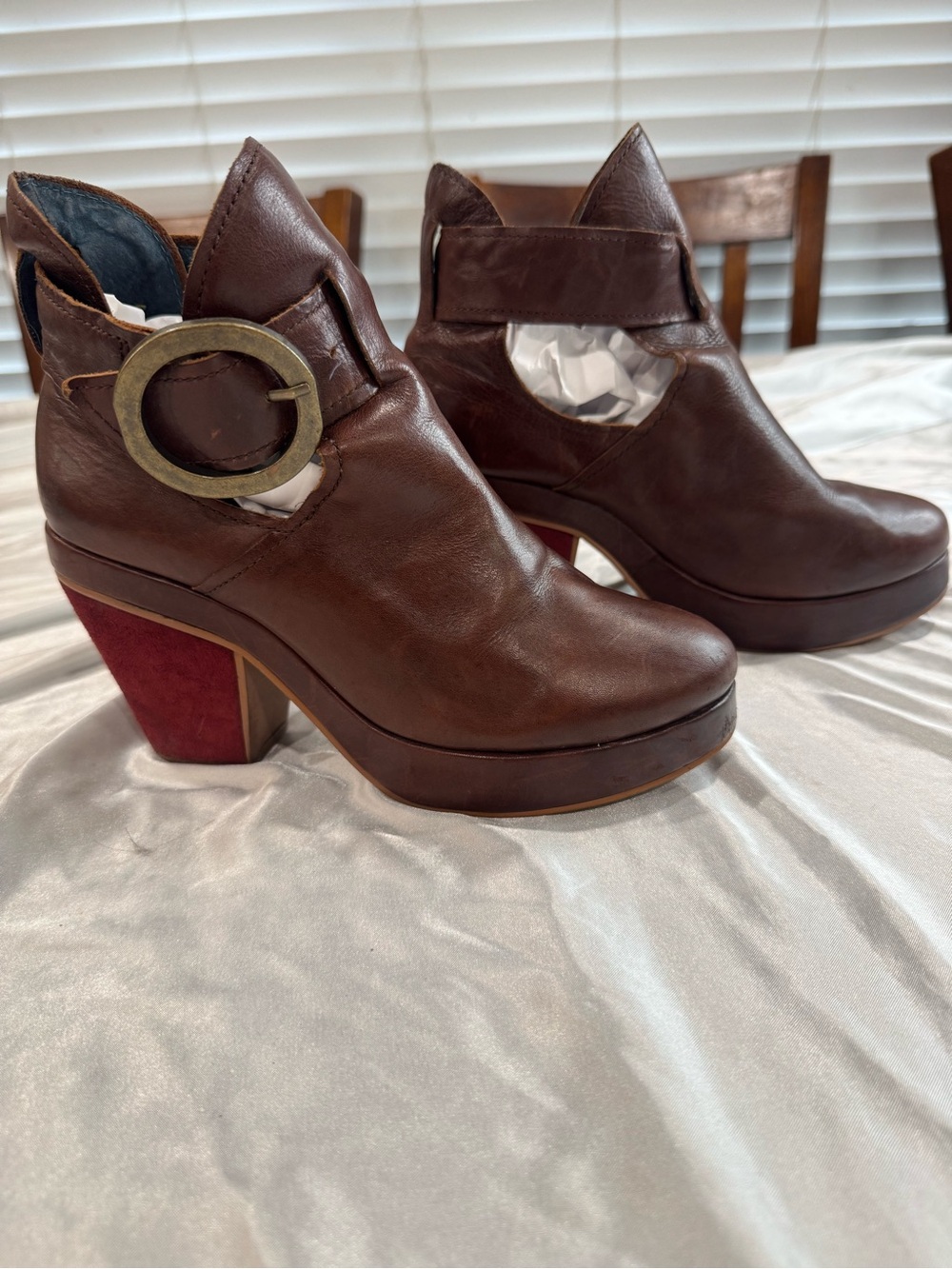 Farylrobin Brown Leather Platform Cutout Buckle Booties 7